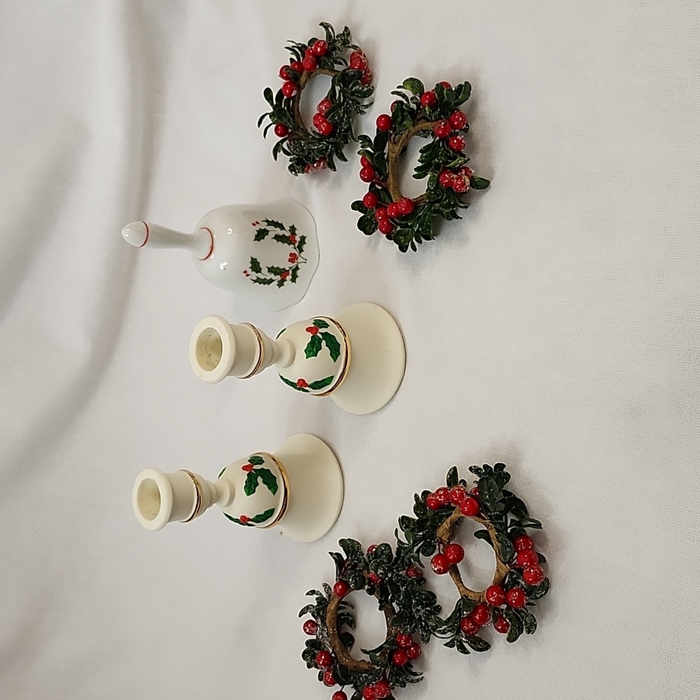 Festive Ceramic Bell Candle Holders, Porcelain Bell & Winterberry Candle Rings